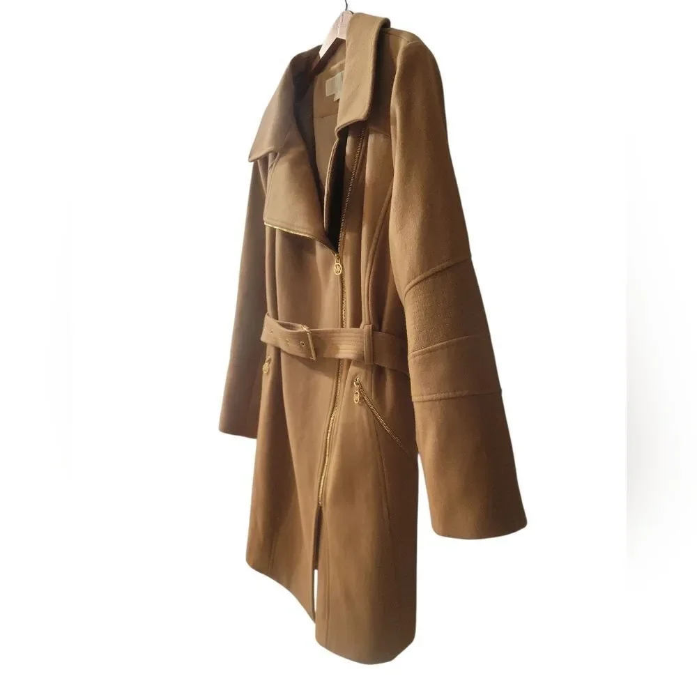 Michael Michael Kors Asymmetrical Trench Belted Wrap Camel Wool Walker Coat 2X